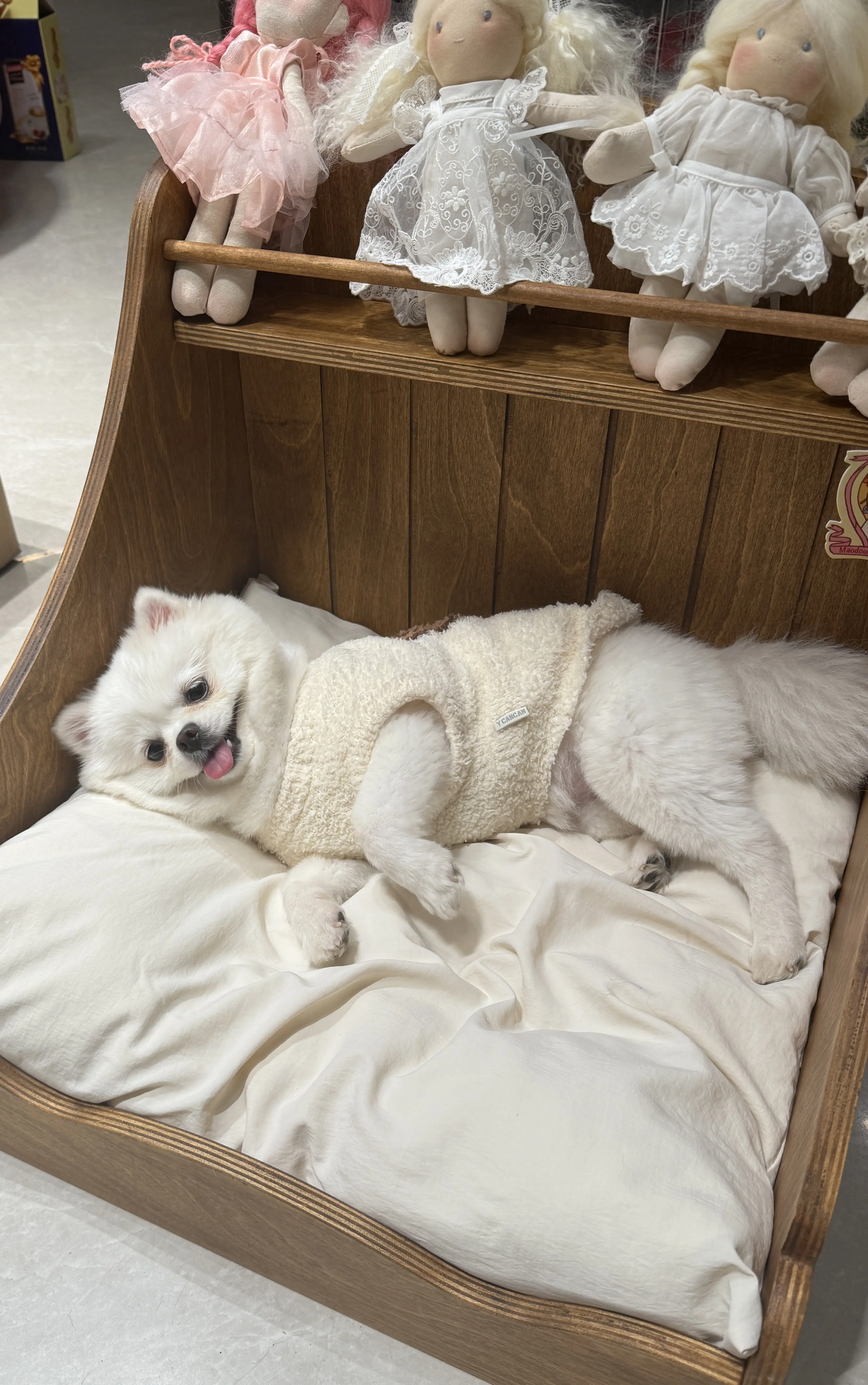 small wooden cat bed with mattress in a customer's home - Nordic Vintage Solid Wood Pet Bed